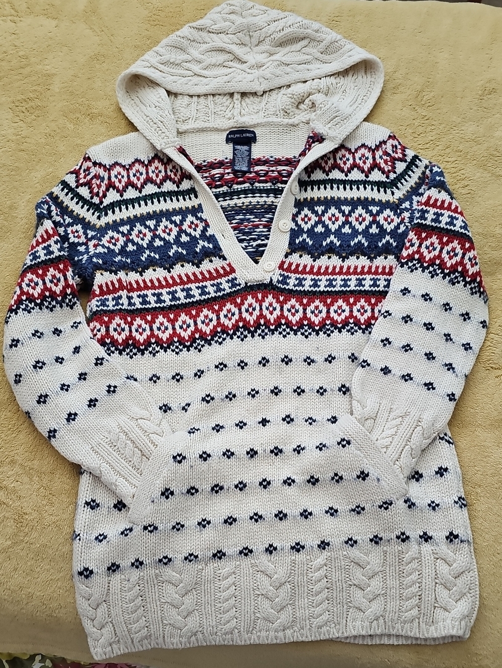 Ralph Lauren Girl Cream Hooded V-Neck Sweater Dress with Navy & Red Fair Isle